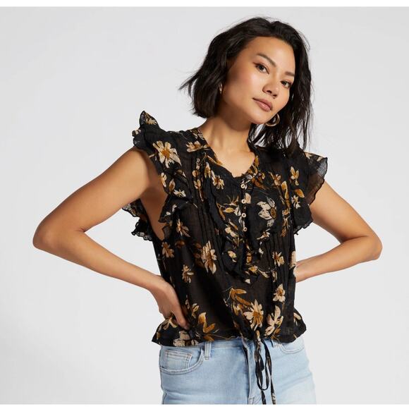 Free People Black & Tan Block Print Floral Short Sleeve Blouse - Picture 1 of 8